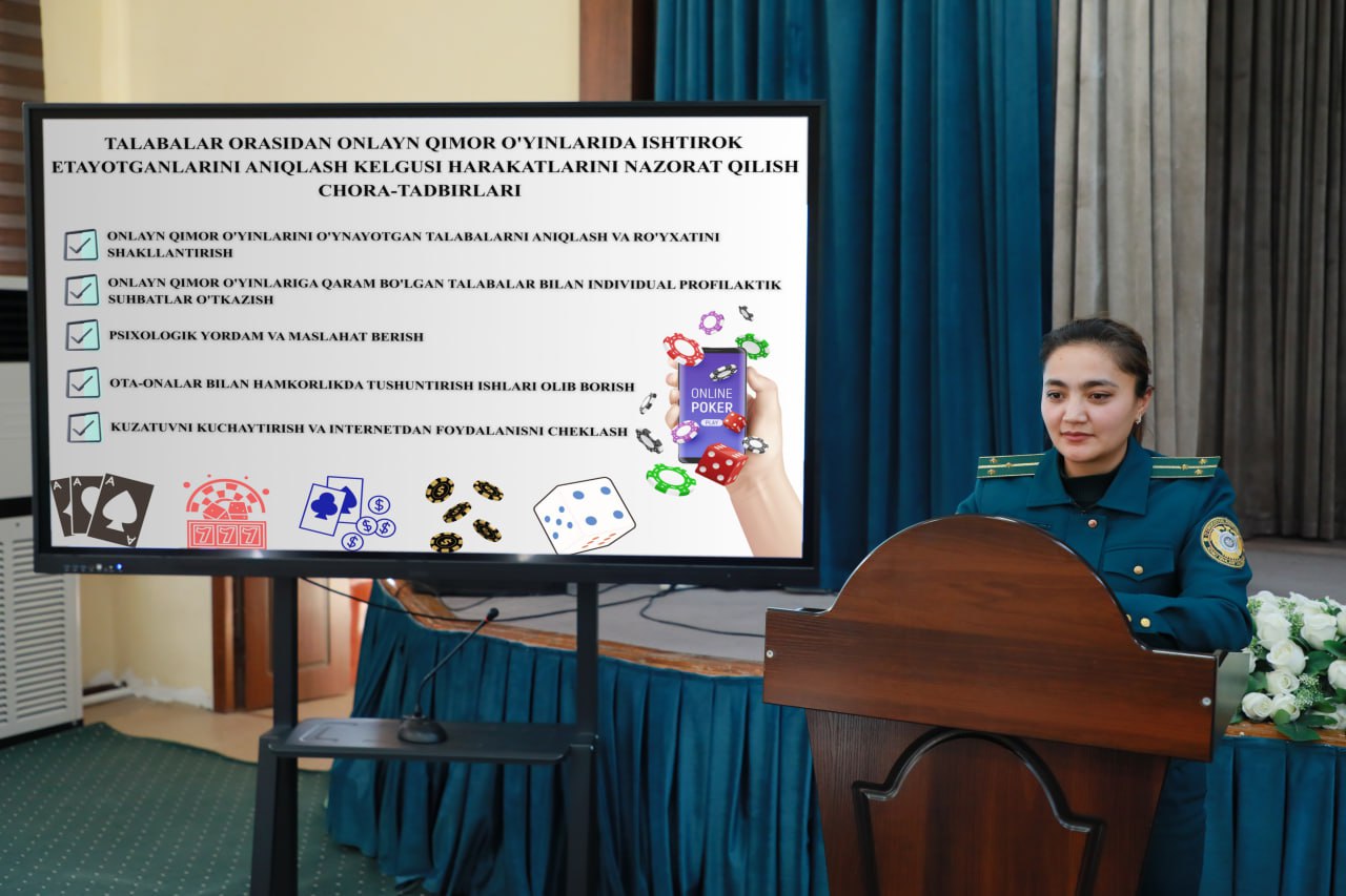 Samarqand davlat pedagogika institutida onlayn qimor o‘yinlari bilan bog‘liq huquqbuzarlik va jinoyatchilikning oldini olishga qaratilgan profilaktik uchrashuv bo‘lib o‘tdi.