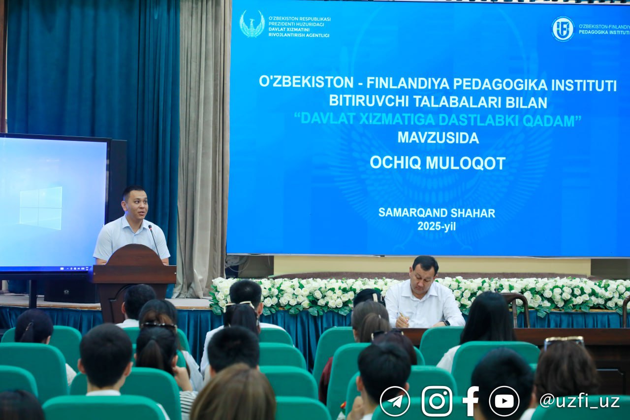 O‘zbekiston–Finlandiya pedagogika institutining bitiruvchi bosqich, yetakchilik qobiliyatiga ega talabalari bilan “Davlat xizmatiga dastlabki qadam” mavzusida ochiq muloqot tashkil etildi