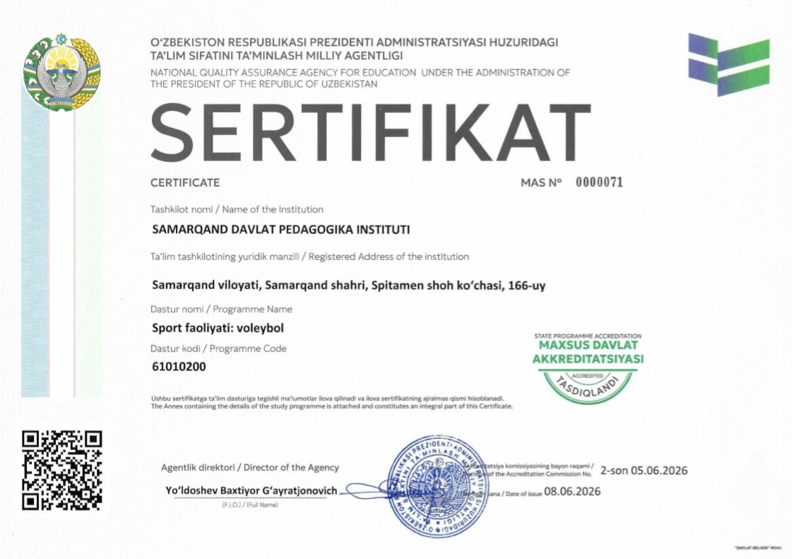 Samarqand davlat pedagogika institutining 5 ta ta’lim dasturi Ta’lim sifatini ta’minlash milliy agentligi tomonidan o‘tkazilgan maxsus davlat akkreditatsiyasidan muvaffaqiyatli o‘tdi (https://nqaae.uz/uz/state-accreditation-register?qr-id=k8kiokip).